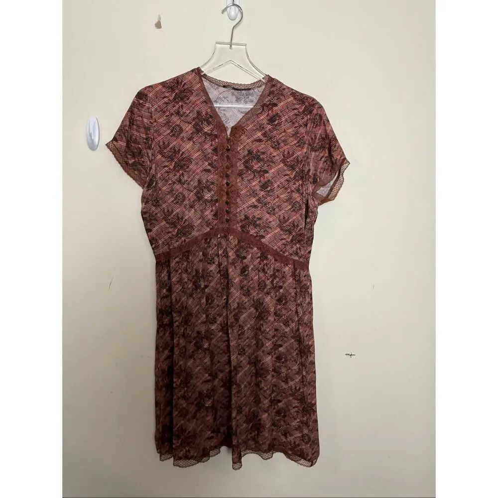 Peruvian Connection Brown Printed Empire Waist Dress Short Sleeve Lace Trim Size